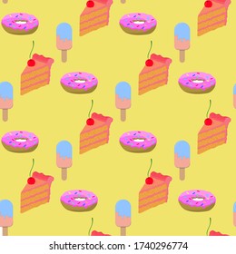 seamless pattern, donut, ice cream and a piece of cake on a yellow background, vector illustration