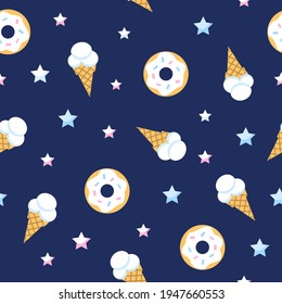 Seamless pattern of donut, ice cream and star on blue background