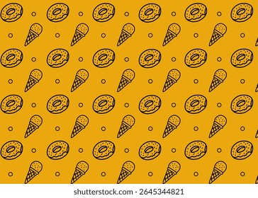 padrão sem costura donut e ícone de sorvete com fundo dourado. Empresas do setor alimentar
