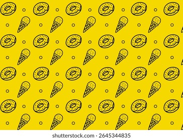 Padrão sem emenda donut e ícone de sorvete com fundo amarelo. Empresas do setor alimentar