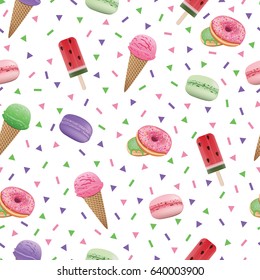 Seamless pattern with donut, ice cream and macaroon. Summer background. Vector illustration