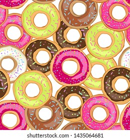 Seamless pattern Donut with icing sprinkled with grains. Realistic colorful donut. Design for holiday designs, party, birthday, invitation. Vector