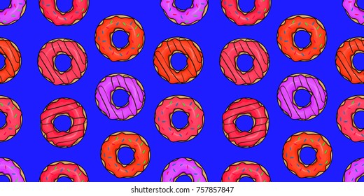 Seamless pattern of donut images. Pink, green, yellow. Blue background. Element of design, sketch for packaging, advertising, printed products. Donut icon. Vector EPS 10