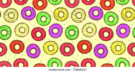 Seamless pattern of donut images. Pink, green, yellow background. For pastry shops, cafes, bakeries. Element of design, sketch for packaging, advertising, printed products. Donut icon. Vector EPS 10