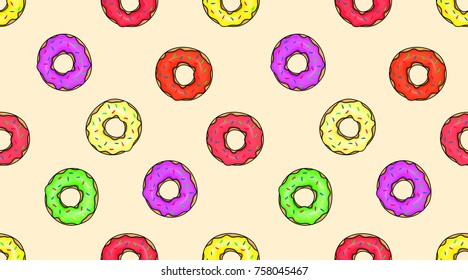Seamless pattern of donut images. Pink, green, yellow background. For pastry shops, cafes, bakeries. Element of design, sketch for packaging, advertising, printed products. Donut icon. Vector EPS 10
