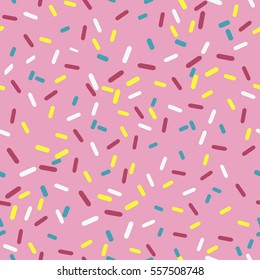 Seamless pattern donut with pink glaze. Background with decorative colored sprinkles. Vector illustration.