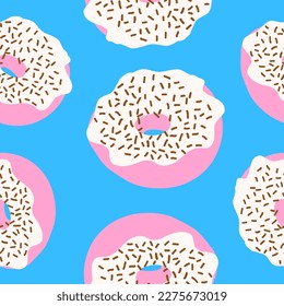 Seamless pattern of donut rings in cartoon flat style. chocolate sprinkles, white cream and pink glazed base in flat style. Sweet bakery. Vector colorful illustration isolated on blue background.