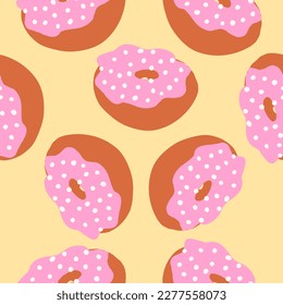Seamless pattern of donut rings in cartoon flat style. White ball sprinkles on a glazed pink cream with chocolate base. Sweet bakery. Vector colorful illustration isolated on light background.