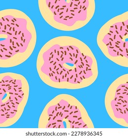 Seamless pattern of donut rings in cartoon flat style. With chocolate sprinkles, pink cream and wheat base. Sweet bakery. Vector colorful illustration isolated on blue background.