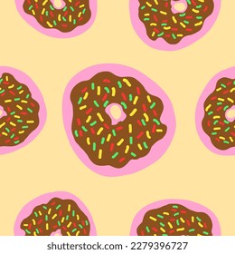 Seamless pattern of donut rings in cartoon flat style. Donuts with colorful sprinkles, chocolate cream and pink glazed base. Sweet bakery. Vector colorful illustration isolated on light background.