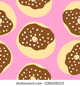 Seamless pattern of donut rings in cartoon flat style. White hearths sprinkles on a pink cream with chocolate base. Sweet bakery. Vector colorful illustration isolated on light background.