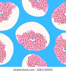 Seamless pattern of donut rings in cartoon flat style. Chocolate balls on a pink cream with white base. Sweet bakery. Vector colorful illustration isolated on blue background.