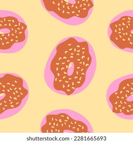 Seamless pattern of donut rings in cartoon flat style. With sprinkles, chocolate cream and pink glaze base. Sweet bakery candy dessert. Vector colorful illustration isolated on light background.