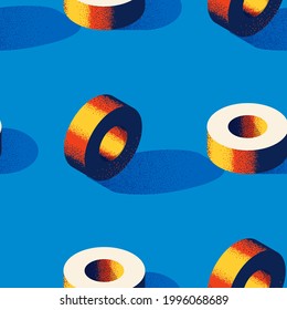 Seamless pattern with donut or torus shape on blue background in modern dotted texture style