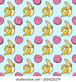 SEAMLESS PATTERN donuts and bananas. Pop art pattern. America of the 60s. Bright stylish ornament with a banana. Vector design for printing on fabric and textile, wrapping paper. Wallpaper for walls.