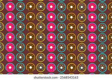 Seamless pattern of donuts in bright colors. The donuts are neatly arranged in rows and columns. Perfect for background, wallpaper, textile, fabric, wrapping paper and packaging product.