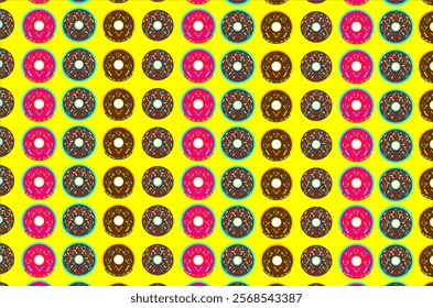 Seamless pattern of donuts in bright colors. The donuts are neatly arranged in rows and columns. Perfect for background, wallpaper, textile, fabric, wrapping paper and packaging product.
