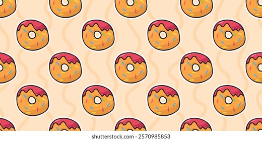 Seamless pattern with donuts and cake. Beautiful sweet pattern. sweet donut. A pattern for packaging sweets. packing. printing a beautiful pattern. a slice of strawberry cake. 