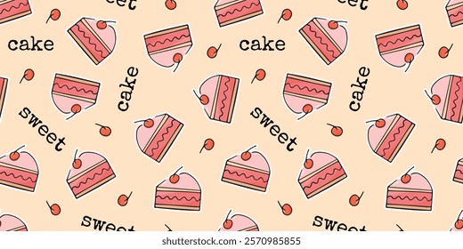 Seamless pattern with donuts and cake. Beautiful sweet pattern. sweet donut. A pattern for packaging sweets. packing. printing a beautiful pattern. a slice of strawberry cake. 