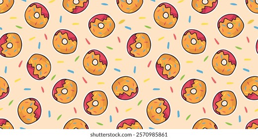 Seamless pattern with donuts and cake. Beautiful sweet pattern. sweet donut. A pattern for packaging sweets. packing. printing a beautiful pattern. a slice of strawberry cake. 