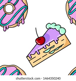Seamless pattern of donuts and cake slices. Vector cartoon background. Flat design.