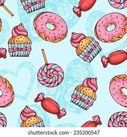 seamless pattern of donuts, candies and lolly pops with hearts background