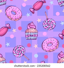 seamless pattern of donuts, candies and lolly pops with check background