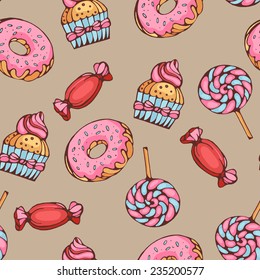 seamless pattern of donuts, candies and lolly pops