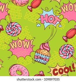 seamless pattern of donuts, candies and lollypops in popart style