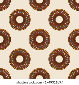 Seamless pattern of donuts with chocolate glaze. Vector illustration. 