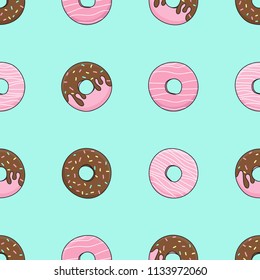 Seamless pattern of donuts. Chocolate pink donuts with confetti. Vector illustration. Suitable for printing on textiles, clothing, wallpaper, posters, menus, wrapping paper.
