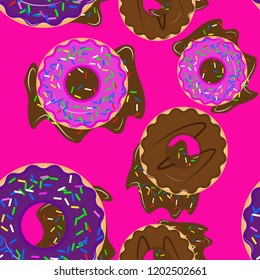 seamless pattern with donuts. Chocolate with sprinkles and donuts on pink backgrounds, vector illustration
