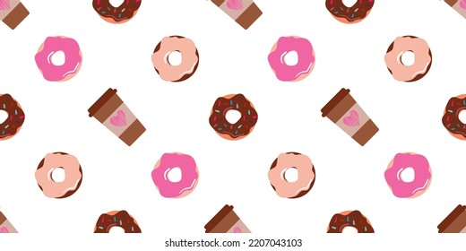 Seamless pattern with donuts and coffee cup. Cartoon cute style. Vector illustration.