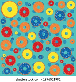 Seamless pattern with donuts in colorful glaze in pop art style, assorted children's sweets, pastries for menu design, cafe decoration