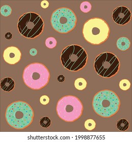 Patrón inmaculado con donuts en vidrieras coloridas, dulces variados para niños, pasteles para el diseño del menú, decoración de cafés