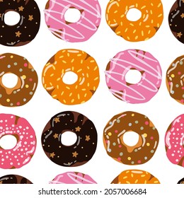seamless pattern with donuts. colorful donuts hand drawn. ponies with different sprinkles. design for packaging, fabric, background.