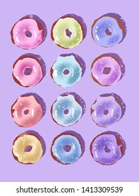 Seamless pattern of donuts with colorful icing on a lilac background