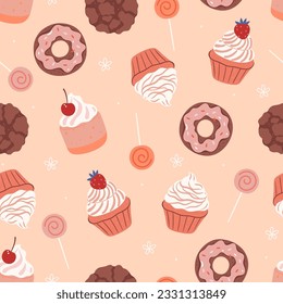 Seamless pattern with donuts, cookies, lollipops and cupcakes. Vector graphics.