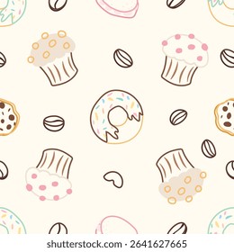 Seamless pattern with donuts, cupcakes and coffee beans