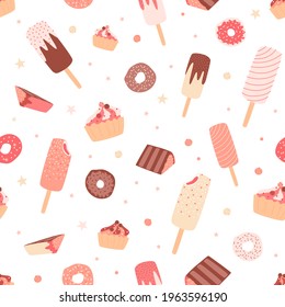 Seamless pattern with donuts, cupcakes, ice cream in pink pastel colors. Candy, vanilla, chocolate, sweet food with topping and sprinkles. For birthday cards, shop package, textile, fabric print