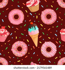 Seamless pattern with donuts, cupcakes and ice cream. Sweets. Vector illustration for fabrics, textures, wallpapers, posters, cards. Editable elements