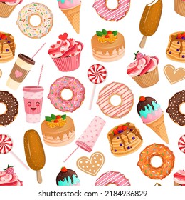 Patrón inmaculado con donuts, pastelitos, helados, pasteles, tortas, galletas, dulces y taza de café. Ilustración vectorial para telas, texturas, fondos de pantalla, carteles y tarjetas. Elementos editables.