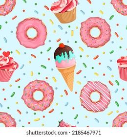 Seamless pattern with donuts, cupcakes and ice cream. Sweets. Vector illustration for fabrics, textures, wallpapers, posters, cards. Editable elements.