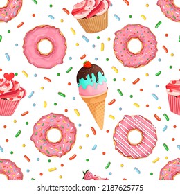 Nahtloses Muster mit Donuts, Cupcakes und Eis. Süßigkeiten. Vektorgrafik für Stoffe, Texturen, Wallpaper, Poster, Karten. Bearbeitbare Elemente