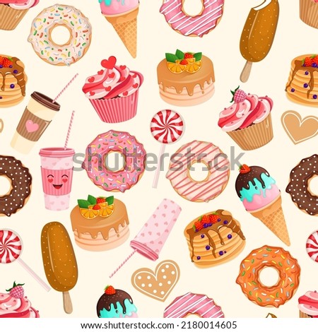Seamless pattern with donuts, cupcakes, ice cream, cake, pancakes, cookies, sweets and coffee cup. Vector illustration for fabrics, textures, wallpapers, posters and cards. Editable elements.