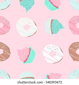 Seamless pattern with donuts and cupcakes. Pink illustration with sweets