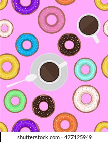 Seamless pattern with donuts and cups of coffee. Vector background for cards, scrapbooking, cards and your creativity