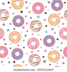 Seamless pattern with donuts. Delicious donuts with different fillings. Design for packaging, fabric, wallpaper, cover.