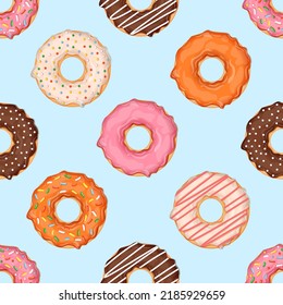 Seamless pattern with donuts of different flavors and toppings. Vector illustration for fabrics, textures, wallpapers, posters, cards. Editable elements.