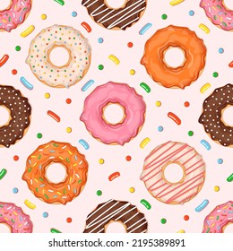 Patrón sin foco con donuts de diferentes sabores y toques. Ilustración vectorial para telas, texturas, fondos de pantalla, carteles, tarjetas. Elementos editables.